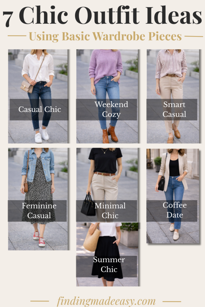 7 chic outfit ideas using basic wardrobe pieces including jeans, shirts, skirts, and casual outfits for women
